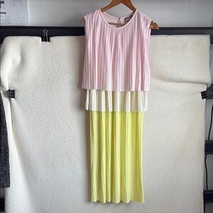 Boss Emanis Dress Womens Small Pink‎ Yellow Pleated Tiered Sleeveless